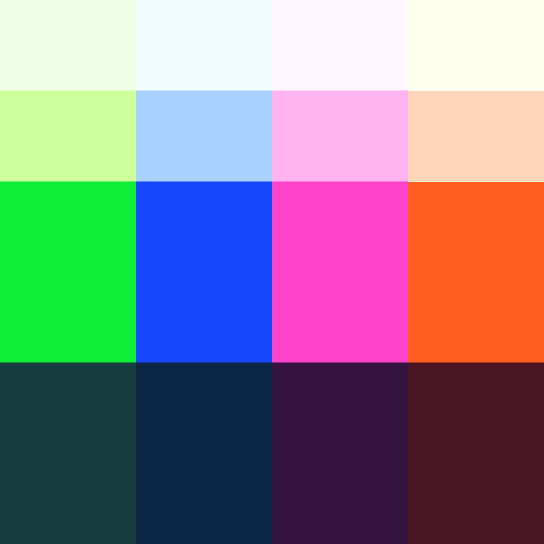Farbwelt evenjo Grün, blau, pink und orange Farben in verschiedenen Farbstufen visualisieren die Bildwelt von evenjo.