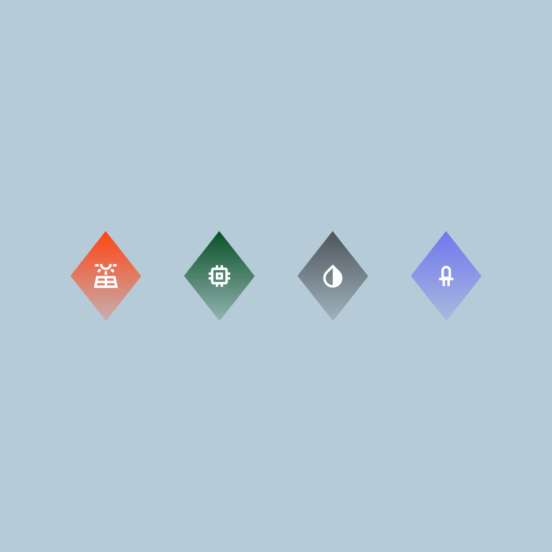 Rauten mit Funktion Vier farbige Rautensymbole mit Icons für unterschiedliche Anwendungsbereiche.