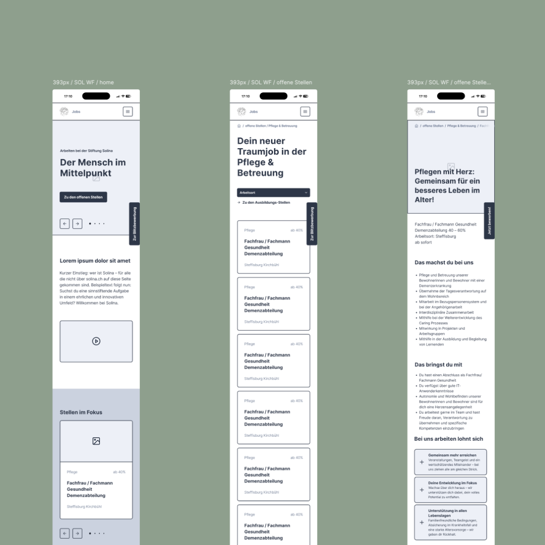 Wireframes Drei verschiedene Wireframes von jobs.solina.ch visualisieren den Prototyp.