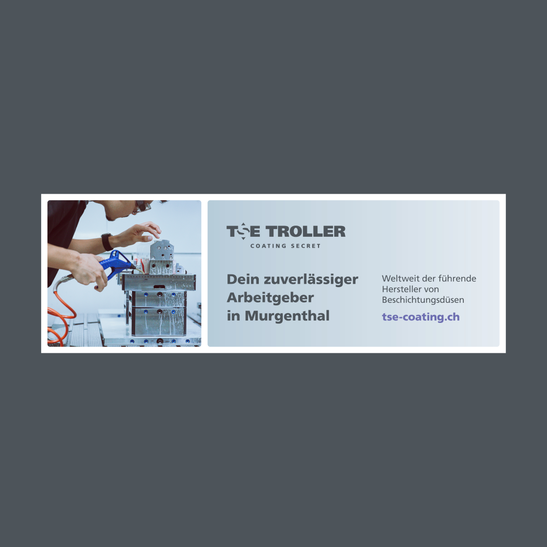 Employer Branding Banner mit Bild, Logo, Claim und Arbeitgeberbotschaft für TSE Troller.