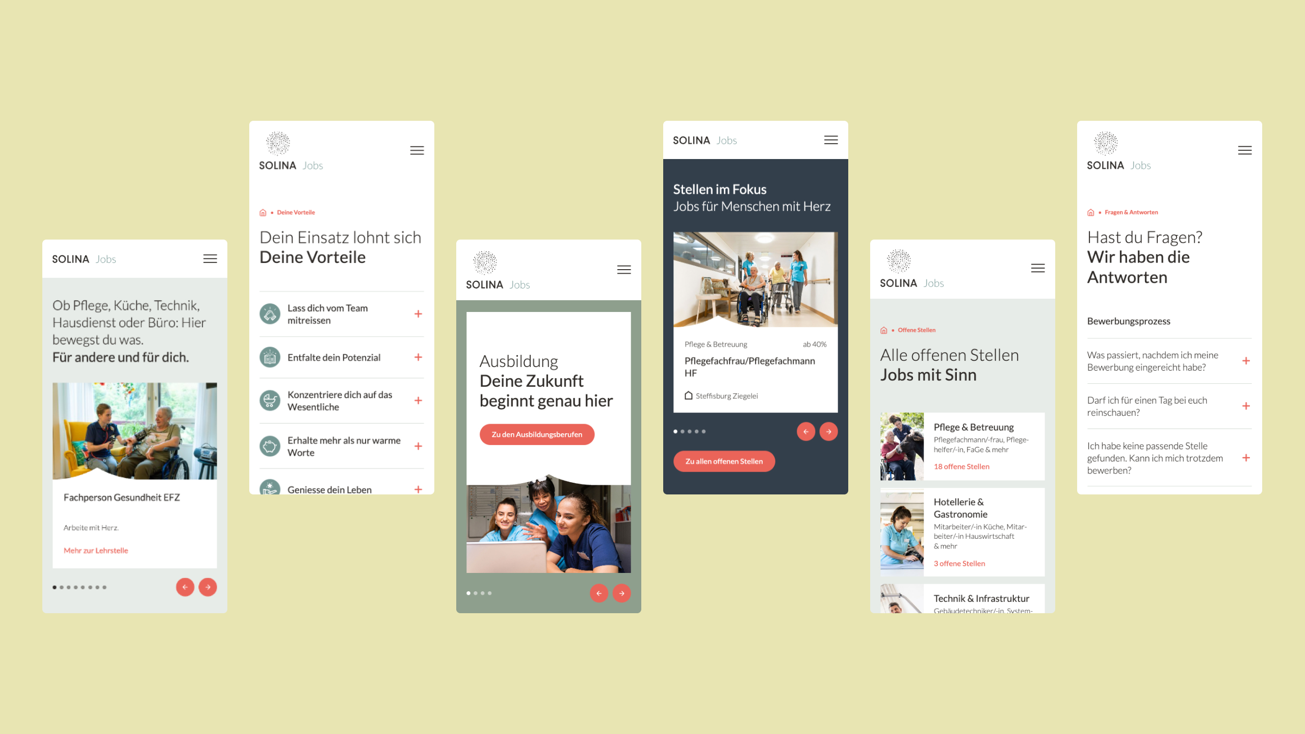 Mobile Screens jobs.solina.ch Sechs verschiedene Mobile Screens von jobs.solina.ch visualisieren das Design.
