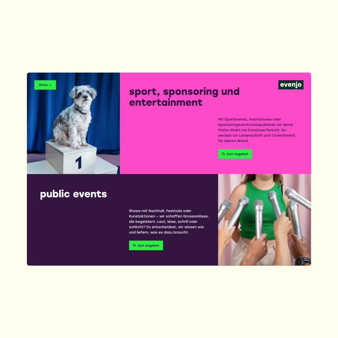 Grosszügiges Webdesign evenjo Visualisierung vom grosszügigen Webdesign. Kombination aus Bildern und farbigen Flächen mit Text.